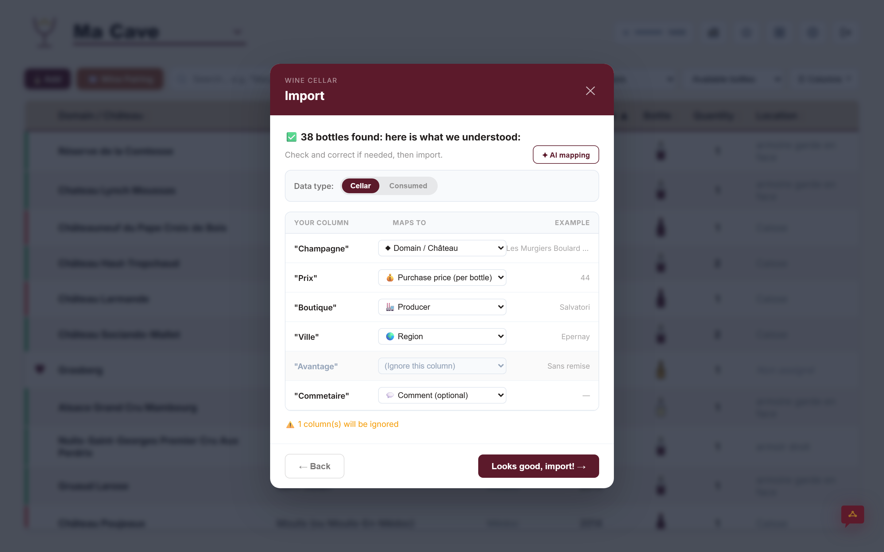 Your existing cellar, imported in one click